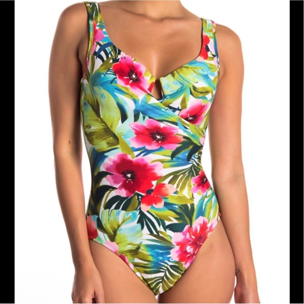Miraclesuit Belle Rives Charmer Tropical Floral Ruched One Piece Swimsuit Size 8
